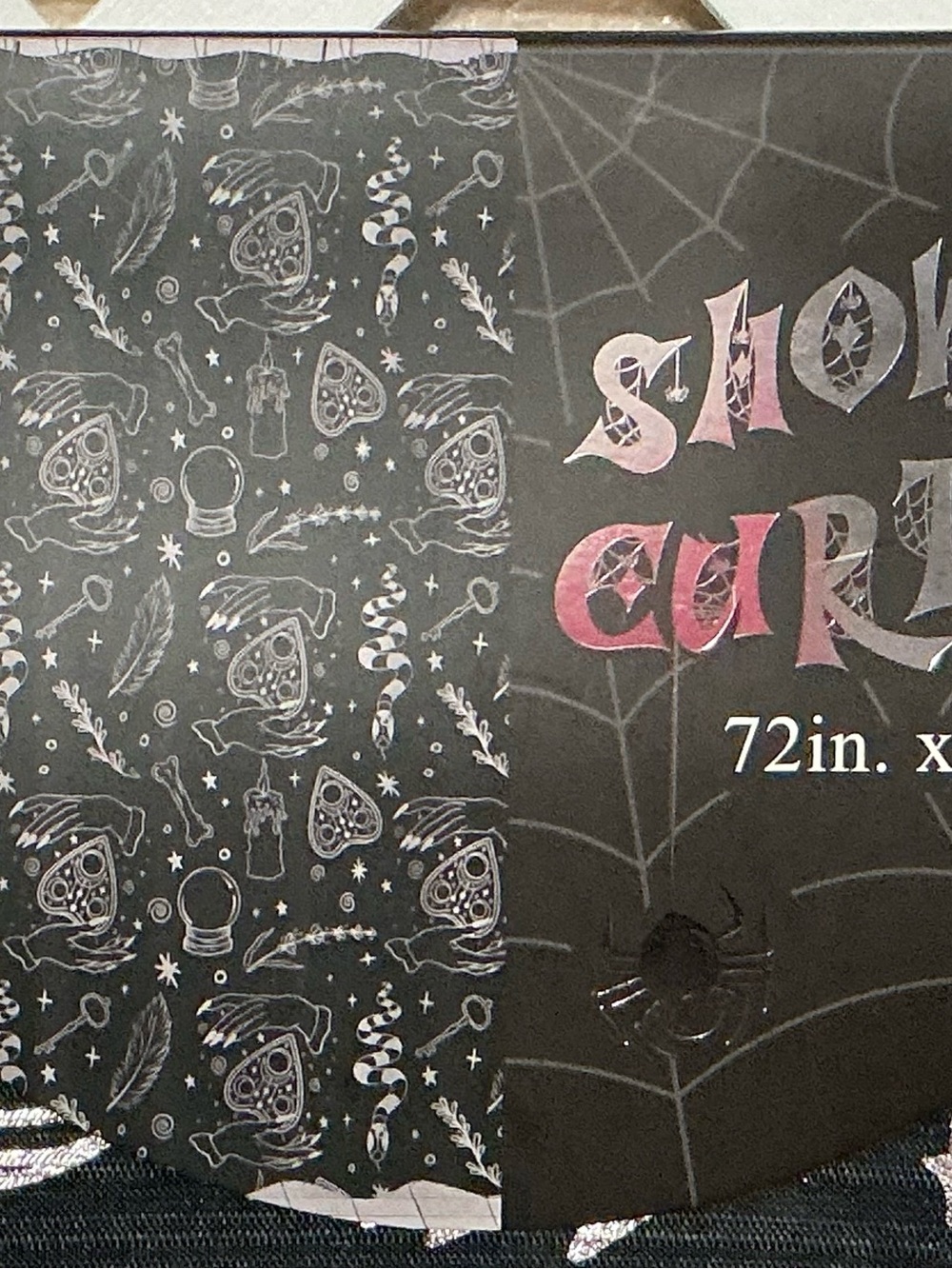 Black & Silver Metallic Shower Curtain Featuring Planchettes, Snakes & Candles